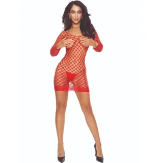Netzkleid Passion Woman langarm mit grobem Netz Rot Einheitsgröße