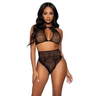 Dessous-Set Zweiteilig aus Netz und Spitze mit Neckholder-Top und String Schwarz