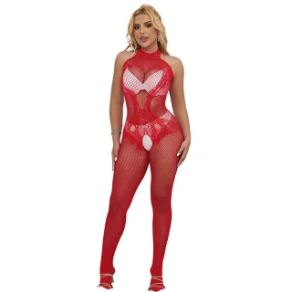 Bodystocking aus Netz und Spitze schrittfrei Rot Einheitsgröße