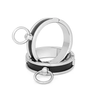 Premium Edelstahl BDSM Handschellen mit O-Ring und Ledereinsatz, Innen ? : 70 mm