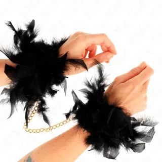 Fetisch-Toy KINK Handfesseln aus großen Federn mit Goldkette Schwarz