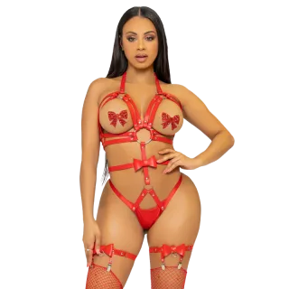 Harness Aus Riemen mit Schleife und O-Ringen Rot L