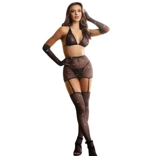 Bodystocking aus Netz mit Strass und Handschuhen Schwarz Einheitsgröße