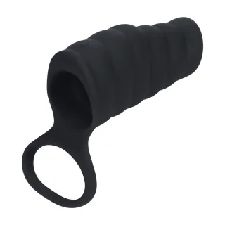 Hodenring mit gerippter Penishülle und Vibration Schwarz