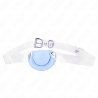 Knebel Schnullerform Hellblau mit transparentem Riemen 5,5 x 4 cm
