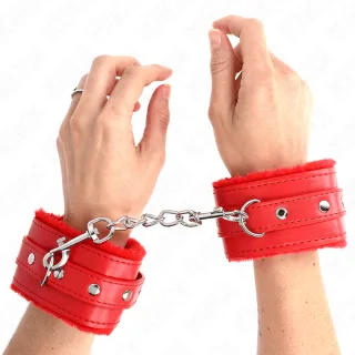 Fetisch-Toy KINK Handfesseln Premium pelzgefüttert Rot 29 cm