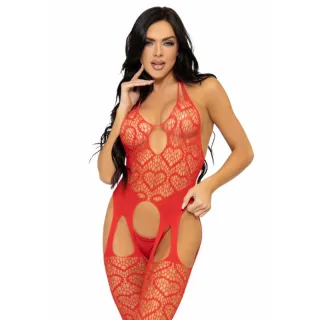 Bodystocking Spitzenmuster im Strapslook mit Kreuzträgern Rot