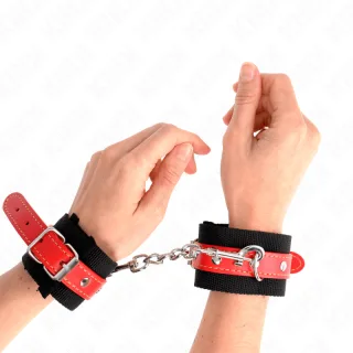 Fetisch-Toy KINK Handfesseln aus Nylon mit rotem Riemen Rot 24 cm