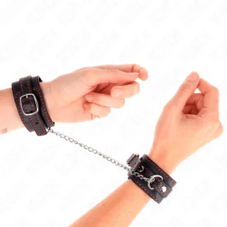 Fetisch-Toy KINK Handfesseln schmal mit roter Naht Schwarz 24 cm