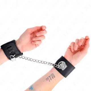 Fetisch-Toy KINK Handfesseln abschließbar mit langer Kette Schwarz 23 cm