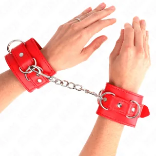 Fetisch-Toy KINK Handfesseln mit drei D-Ringen und Kette Rot 25 cm