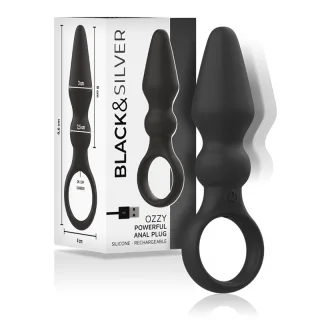 Analplug Black&Silver Ozzy mit Vibration aus Silikon Schwarz