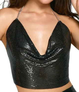 Metall Crop-Top Schwarz – Wasserfall-Ausschnitt mit Ketten-Neckholder