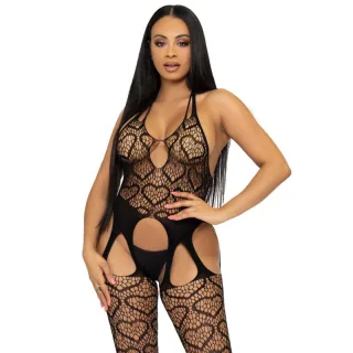 Bodystocking Spitzenmuster im Strapslook mit Kreuzträgern Schwarz