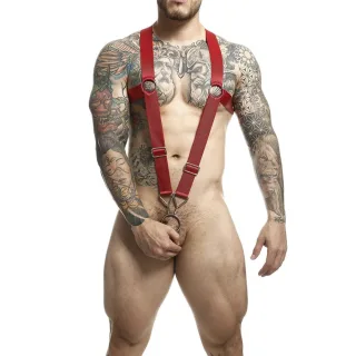 Harness Cross Back mit Penisring Rot Einheitsgröße