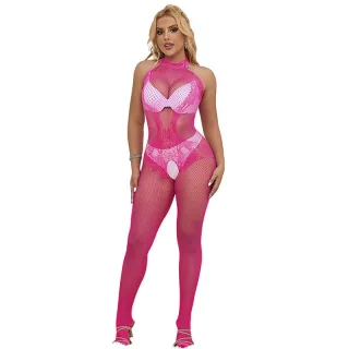 Bodystocking aus Netz und Spitze schrittfrei Rosa Einheitsgröße
