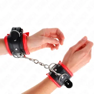Fetisch-Toy KINK Handfesseln schwer mit rotem Fellfutter Schwarz 30 cm
