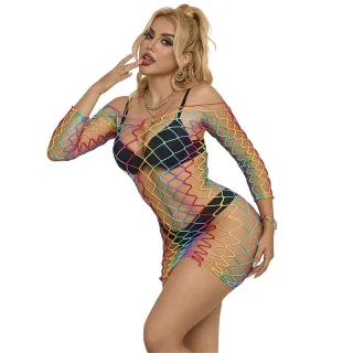 Kleid Netz Regenbogen mit langen Ärmeln Einheitsgröße