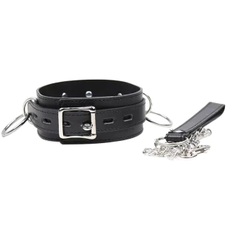 Halsband Ohmama Fetish mit drei Ringen und Leine Schwarz