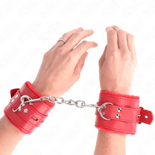 Fetisch-Toy KINK Handfesseln pelzgefüttert mit Kette Rot 29 cm