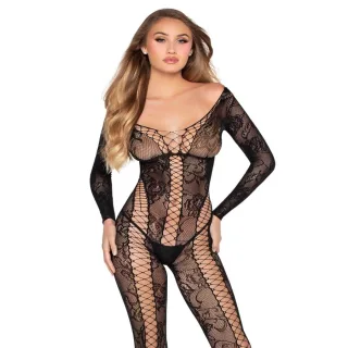 Bodystocking Netz und Spitze langarm ohne Schritt Schwarz