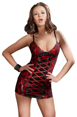 Lackkleid mit Spitze Schwarz-Rot