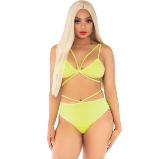 Dessous-Set Zweiteilig mit gekreuzten Trägern aus Bralette und Höschen Neongelb
