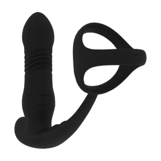 Prostata-Stimulator aus Silikon mit Vibration, Stoßfunktion und Penisring Tri O Schwarz