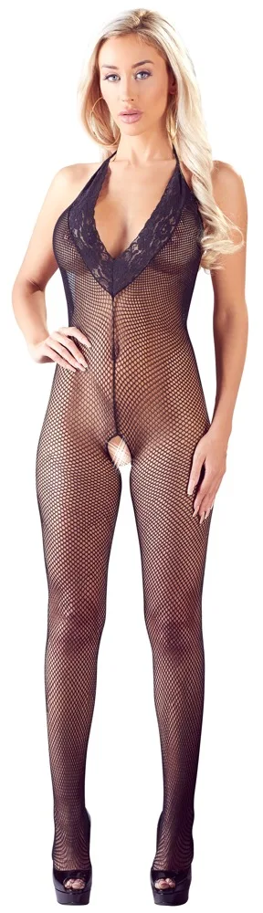 Catsuit ouvert aus grobem Netz Schwarz