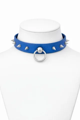 Leder BDSM Halsband mit O-Ring, blau, mit Stachelnieten, passend f?r Halsumfang 360 bis 460 mm