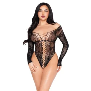 Body Aus Blumenspitze und Netz mit langen Ärmeln Schwarz