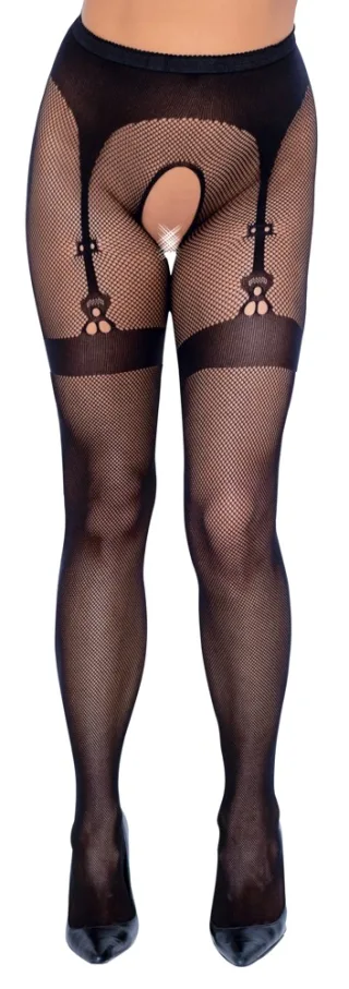 Ouvert Netzstrumpfhose Schwarz S-L – mit eingewebter Strapsgurt-Optik &amp; Naht