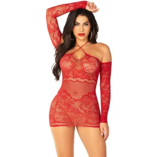 Kleid Minikleid aus Spitze mit Kreuzträgern und langen Ärmeln Rot