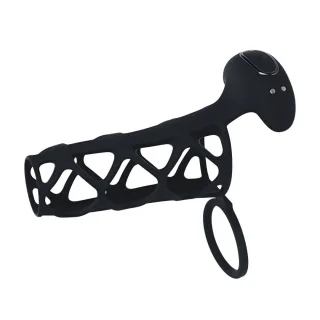 Hodenring mit Käfig-Penishülle und Vibration Schwarz