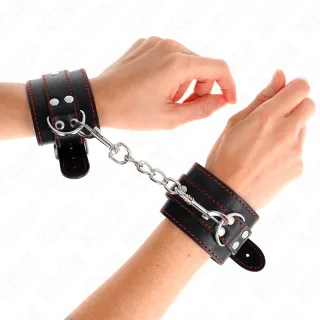 Fetisch-Toy KINK Handfesseln in Schwarz mit roter Naht Schwarz 28 cm