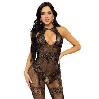 Bodystocking Netz mit Strass und Schlüsselloch ohne Schritt Schwarz