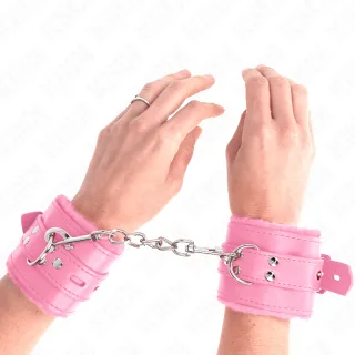 Fetisch-Toy KINK Handfesseln pelzgefüttert mit Kette Rosa 29 cm