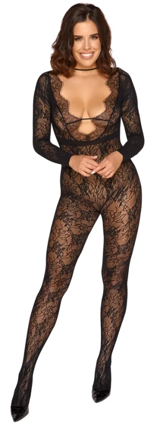Catsuit Schwarz S-L – Langarm mit Spitzenoptik, Eyelash-Spitze &amp; Ouvert-Schritt