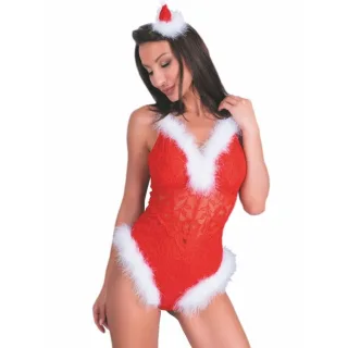 Body Naughty Santa aus Spitze mit Federbesatz Rot S/M