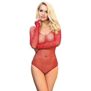 Body aus Netz mit Strass und langen Ärmeln Rot Einheitsgröße
