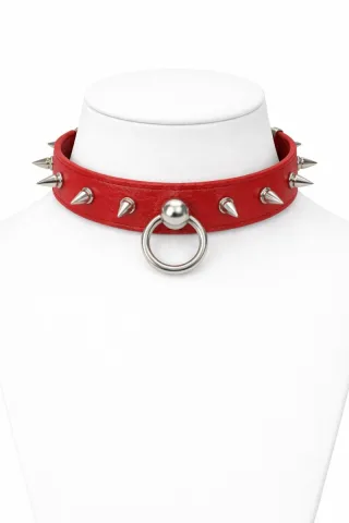 Leder BDSM Halsband mit O-Ring, rot, mit Stachelnieten, passend f?r Halsumfang 360 bis 460 mm