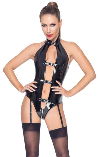 Black Level - Lackbody - offener Body mit Schnallen & Haltern - schwarz - XL