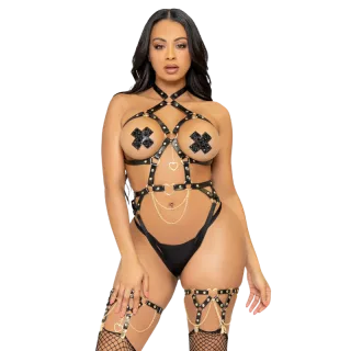 Harness Aus Riemen mit Herzringen und Ketten Schwarz S