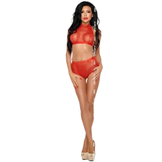 Dessous-Set Mona aus Netz mit hohem Kragen Rot Größe S-M