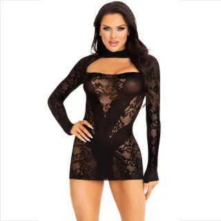 Kleid Minikleid aus Spitze mit Stehkragen und langen Ärmeln Schwarz