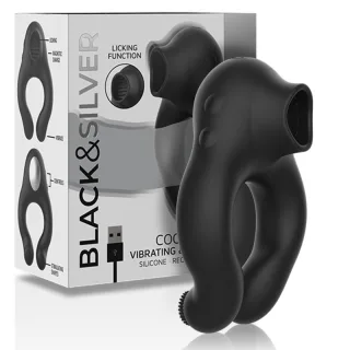 Penisring Black&Silver Cock Ring mit Zungenfunktion und 3 Motoren Schwarz