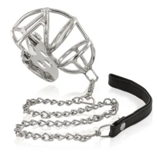 Peniskäfig aus Edelstahl mit Kette und Lederriemen 10 x 3,8 cm