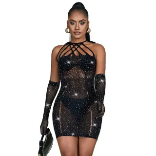 Kleid Netz mit Strass Schwarz Einheitsgröße