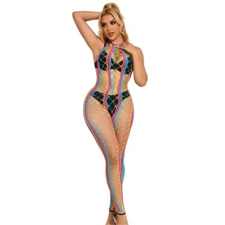 Bodystocking aus Netz mit Regenbogenstreifen Bunt XS/M