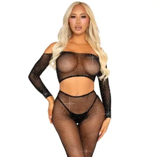 Dessous-Set Zweiteilig aus Netz mit Strass aus Crop-Top und Leggings Schwarz